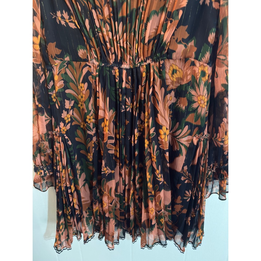 Coach 1941 Flowy Floral Pleated Dress w Tie Front Sz 4 Black Gold Metallic Boho - Picture 6 of 12